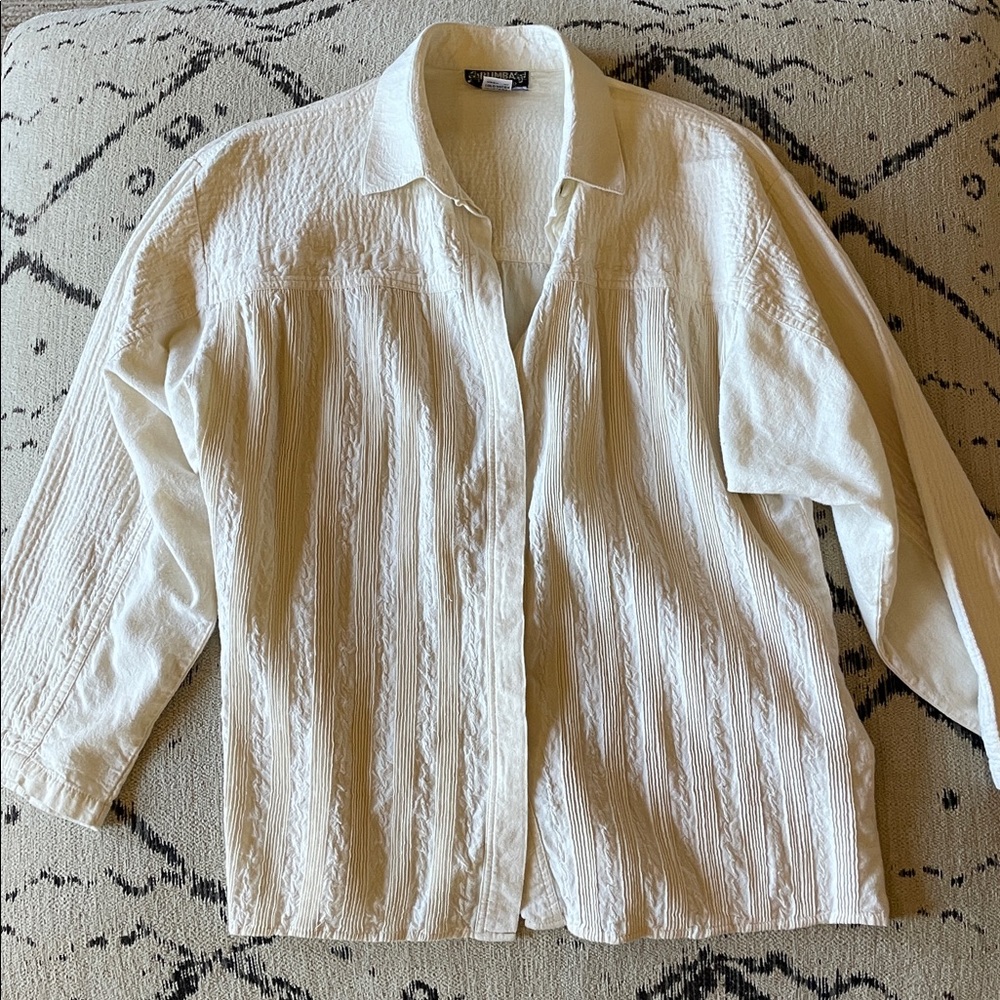 Angie Ecuadorian Woven Textured Cotton Ivory Button Down Shirt Embroidered